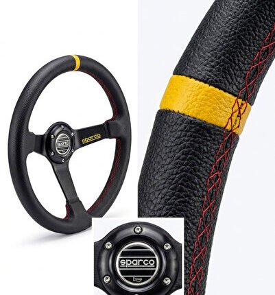 Sparco Spor Direksiyon Ofsetli Siyah Sarı Deri