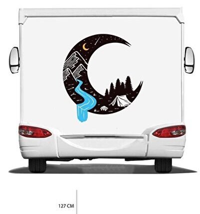 Karavan Kamp Baskı Sticker - Ay Ve Yıldız Sticker - Dağ Sticker - Kamp Çadırı Sticker - 115x127 Cm