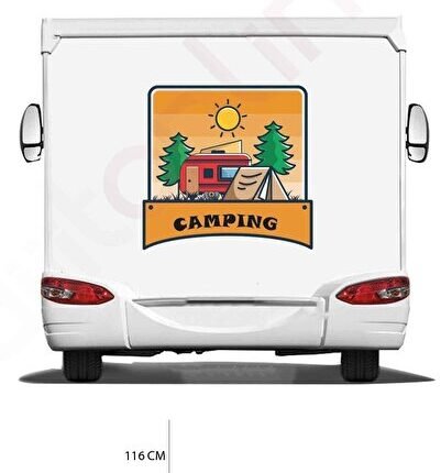 Karavan Kamp Baskı Sticker - Kamp Çadırı Sticker - Ağaç Ve Güneş Sticker - 120x116 Cm