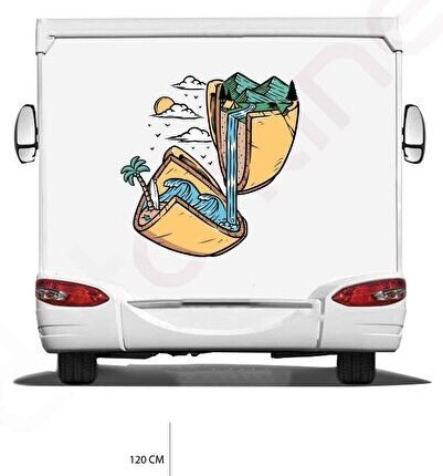 Karavan Kamp Baskı Sticker - Palmiye Sticker - Dalga Sticker - Güneş Sticker - 116x120 Cm
