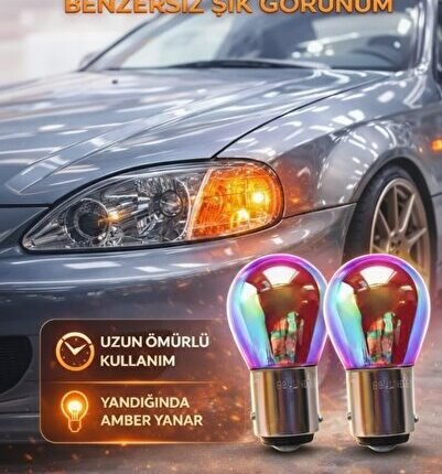 12V 21W Diadem Sinyal Ampul Takımı - 93 Tip Tek Duy -Kaplamalı Gökkuşağı Görünüm (2 Adet)