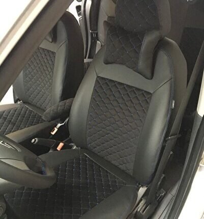 Fiat Fierino Uyumlu  Arka Sırt Arka Oturma 2+1 Model Siyah Zemin Mavi Nakışlı Taytüyü Siyah Deri