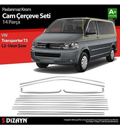 S-Dizayn VW Transporter T5 Uzun Şase Krom Cam Çerçeve Seti 2003-2015 Tek Sürgü